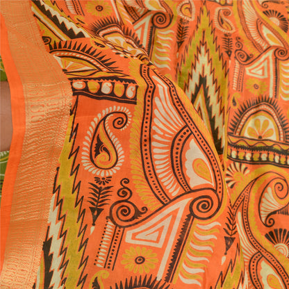 Sanskriti Vintage Sarees Green 100% Pure Silk Printed Sari Floral Craft Sustainable Fabric