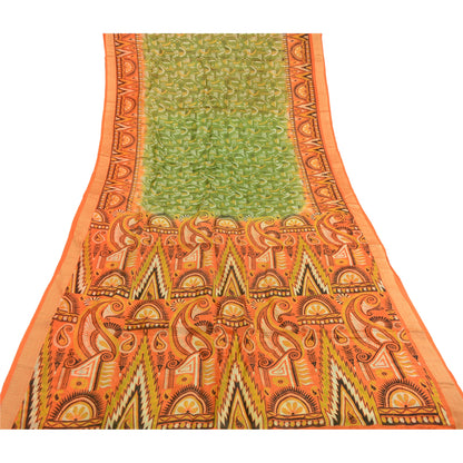 Sanskriti Vintage Sarees Green 100% Pure Silk Printed Sari Floral Craft Sustainable Fabric