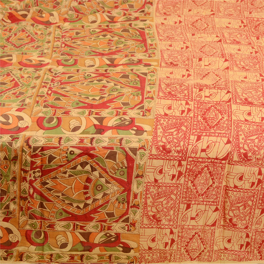 Sanskriti Vintage Sarees Yellow Women Fish Printed Pure Silk Sari Craft Sustainable Fabric