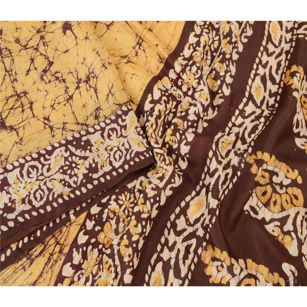 Sanskriti Vintage Sarees Indian Yellow Batik Printed Pure Silk Sari Craft Fabric