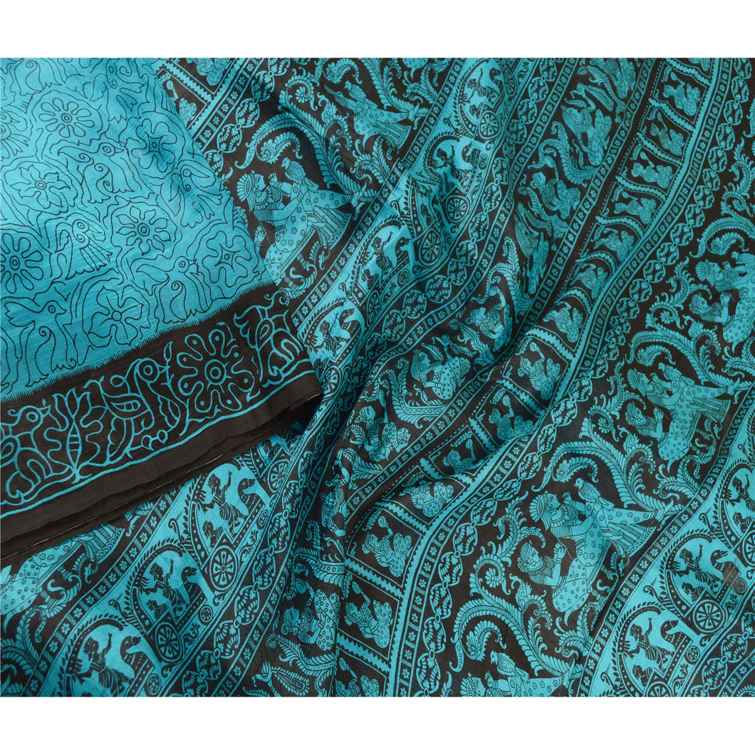 Sanskriti Vintage Sarees Blue Human Animal Printed Pure Silk Sari Craft Fabric