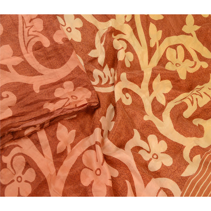 Sanskriti Vintage Sarees Brown 100% Pure Silk Printed Sari 5YD Soft Craft Sustainable Fabric