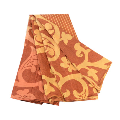 Sanskriti Vintage Sarees Brown 100% Pure Silk Printed Sari 5YD Soft Craft Sustainable Fabric