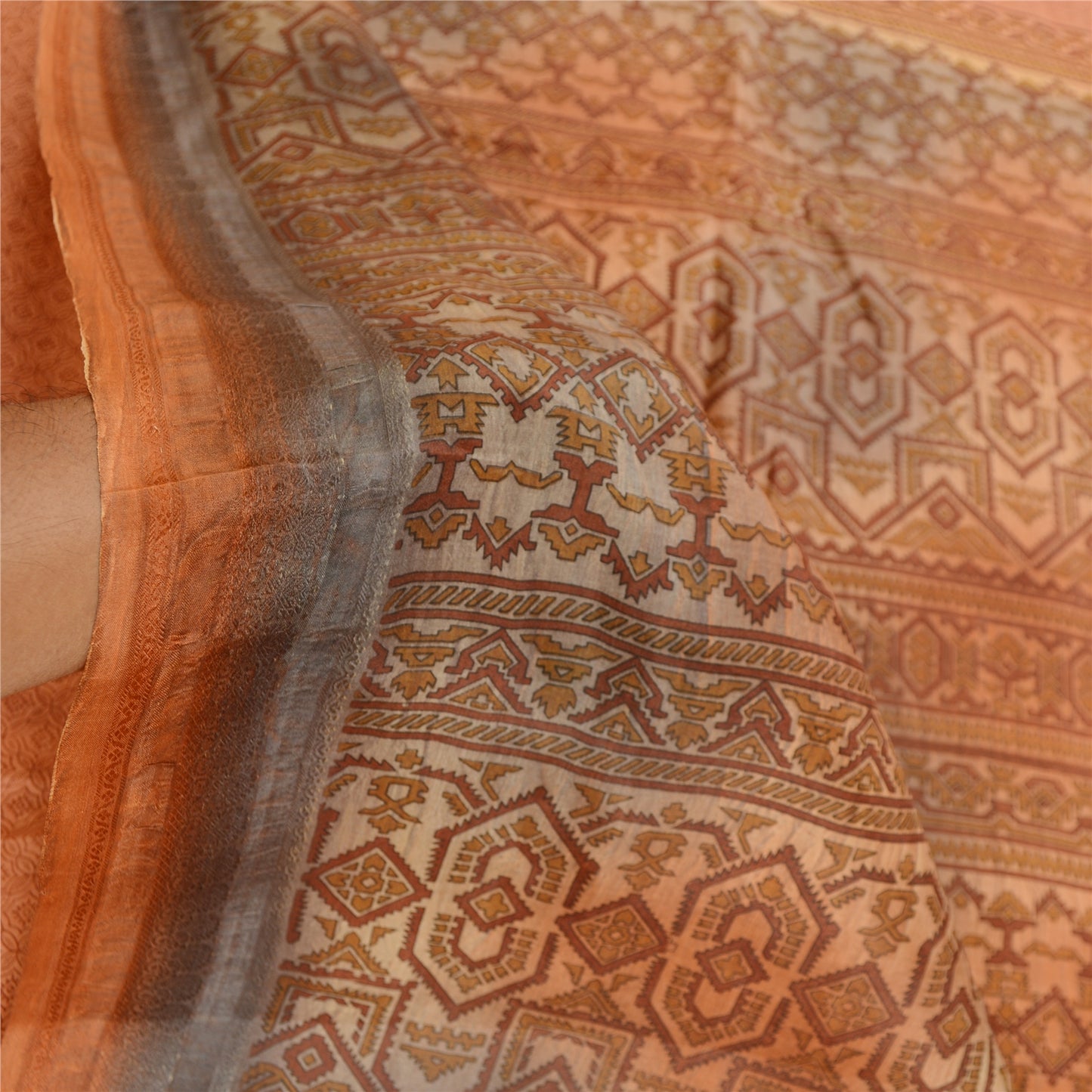 Sanskriti Vintage Sarees Orange Indian Pure Silk Printed Sari 5yd Craft Sustainable Fabric