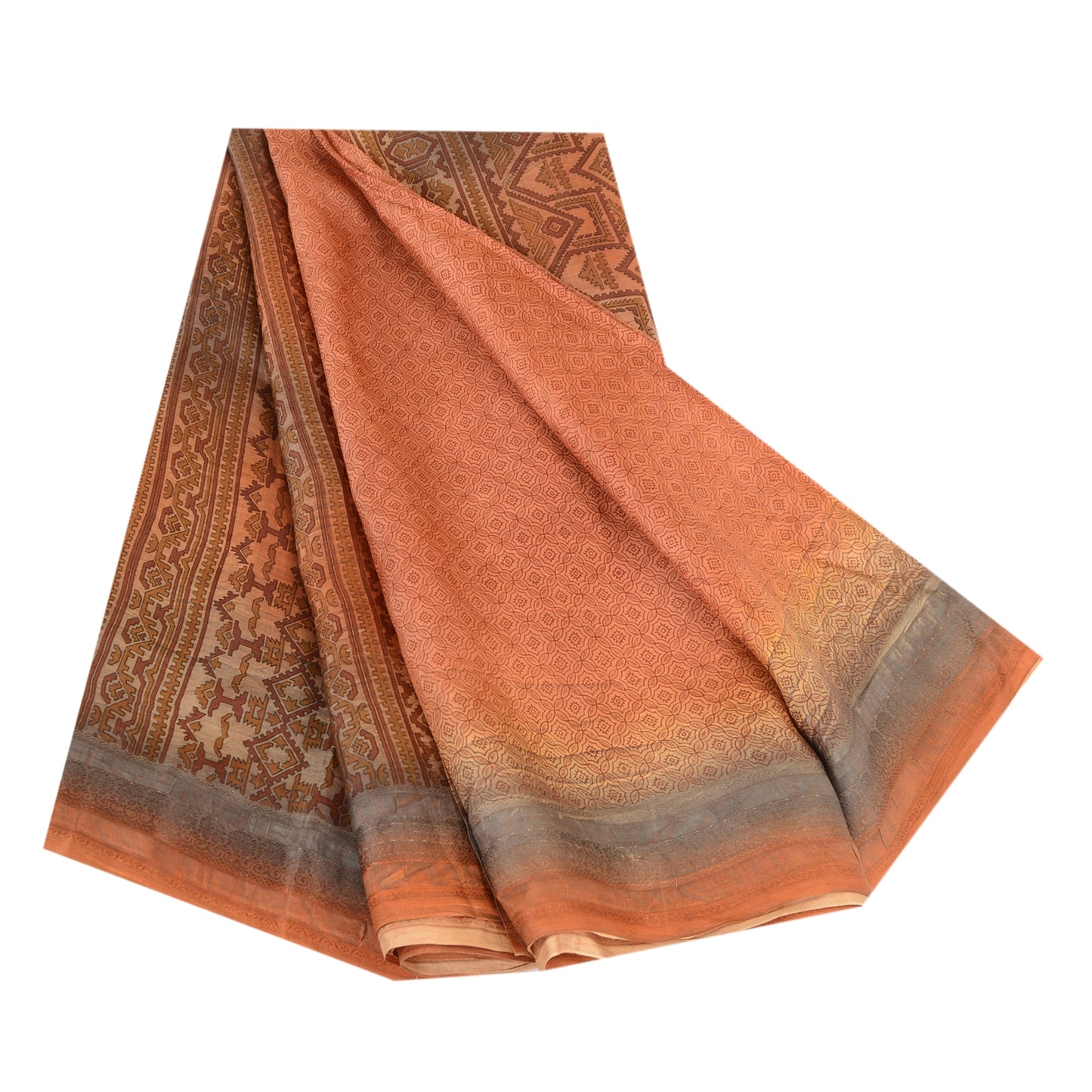 Sanskriti Vintage Sarees Orange Indian Pure Silk Printed Sari 5yd Craft Sustainable Fabric