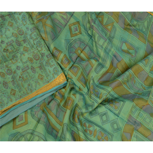 Sanskriti Vintage Sarees Green Pure Silk Printed Zari Border Sari Craft Sustainable Fabric