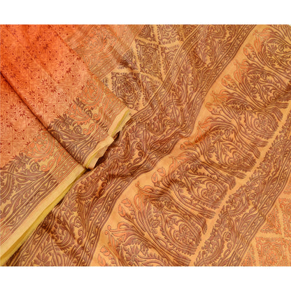 Sanskriti Vintage Sarees From India Orange Printed Pure Silk Sari Craft Sustainable Fabric