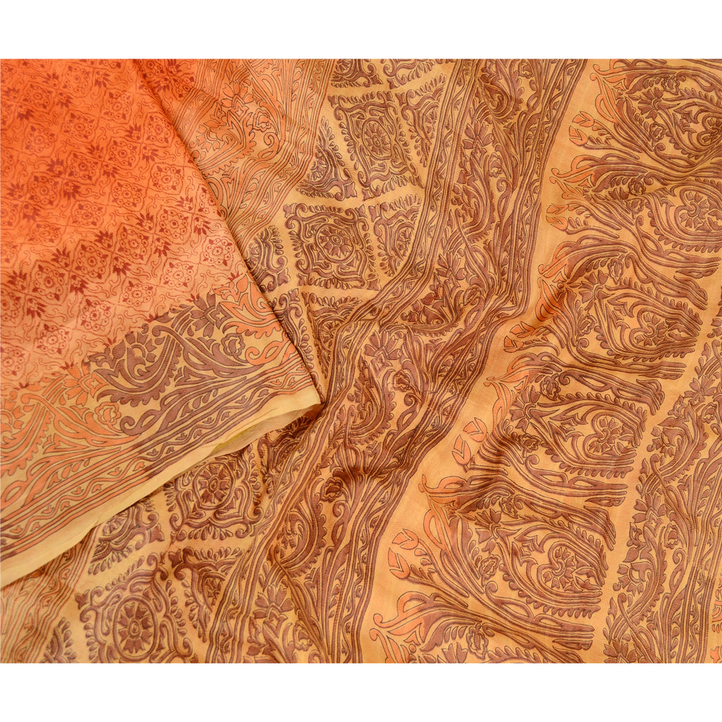 Sanskriti Vintage Sarees From India Orange Printed Pure Silk Sari Craft Sustainable Fabric