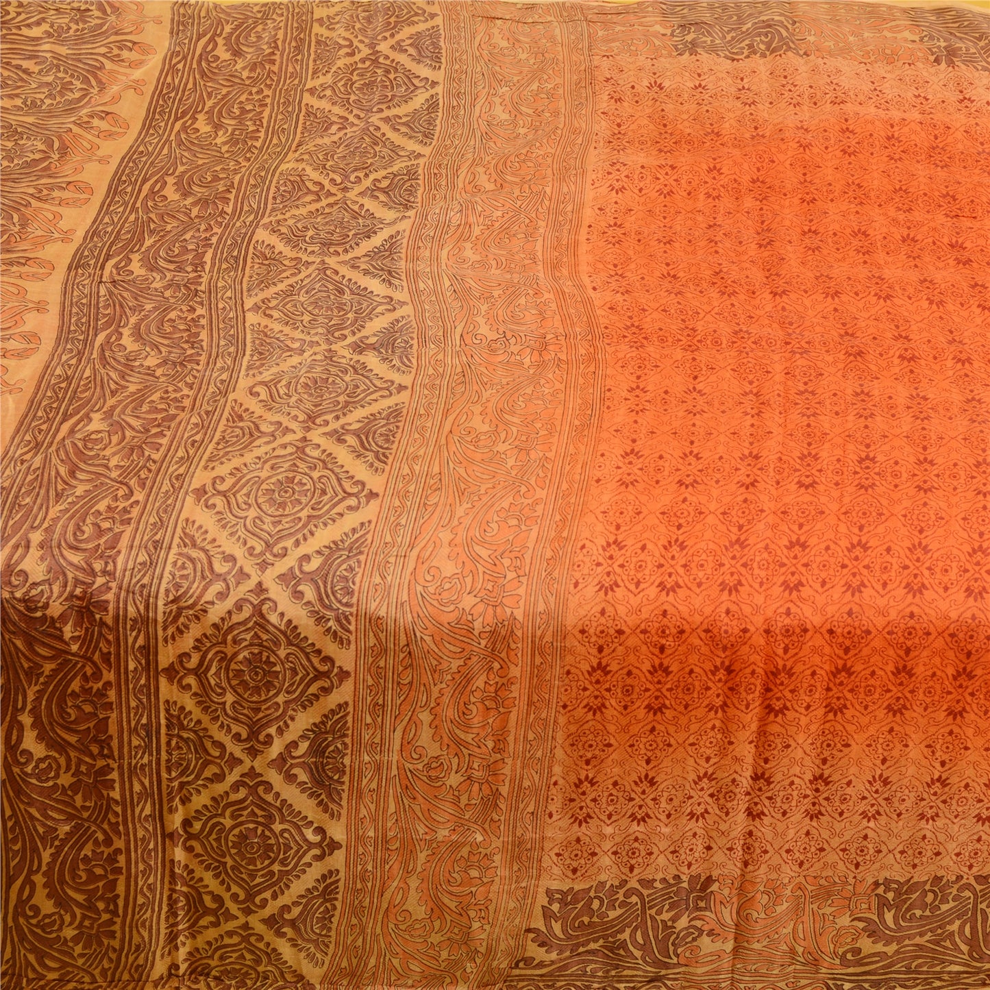 Sanskriti Vintage Sarees From India Orange Printed Pure Silk Sari Craft Sustainable Fabric