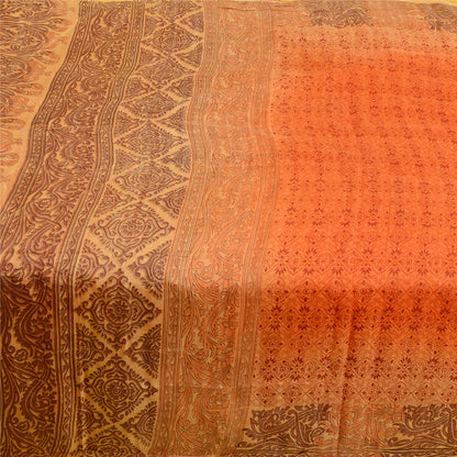 Sanskriti Vintage Sarees From India Orange Printed Pure Silk Sari Craft Sustainable Fabric