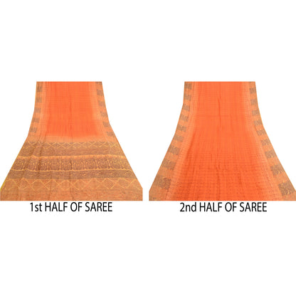 Sanskriti Vintage Sarees From India Orange Printed Pure Silk Sari Craft Sustainable Fabric