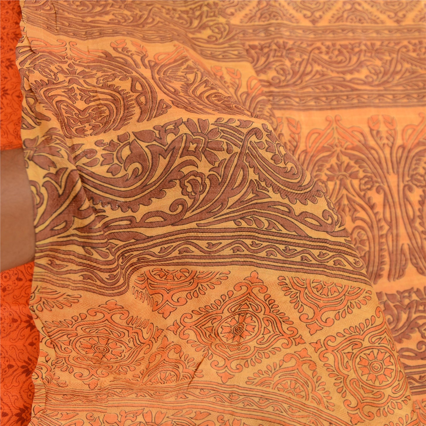 Sanskriti Vintage Sarees From India Orange Printed Pure Silk Sari Craft Sustainable Fabric