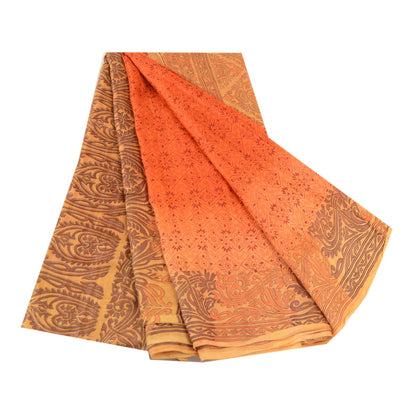 Sanskriti Vintage Sarees From India Orange Printed Pure Silk Sari Craft Sustainable Fabric