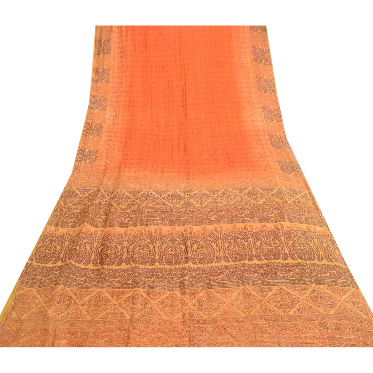 Sanskriti Vintage Sarees From India Orange Printed Pure Silk Sari Craft Sustainable Fabric