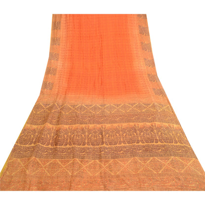 Sanskriti Vintage Sarees From India Orange Printed Pure Silk Sari Craft Sustainable Fabric