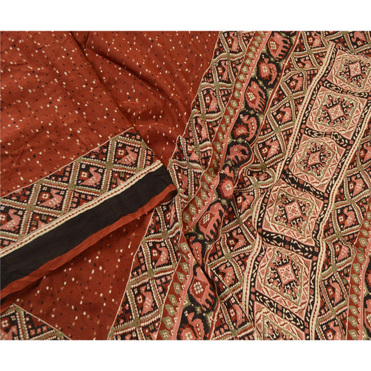 Sanskriti Vintage Sarees Coffee-Brown Animal Printed Pure Silk Sari Craft Sustainable Fabric