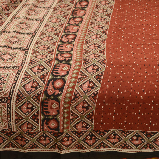 Sanskriti Vintage Sarees Coffee-Brown Animal Printed Pure Silk Sari Craft Sustainable Fabric