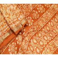 Load image into Gallery viewer, Sanskriti Vintage Sarees Brown Batik Printed Zari Border Pure Silk Sari Fabric
