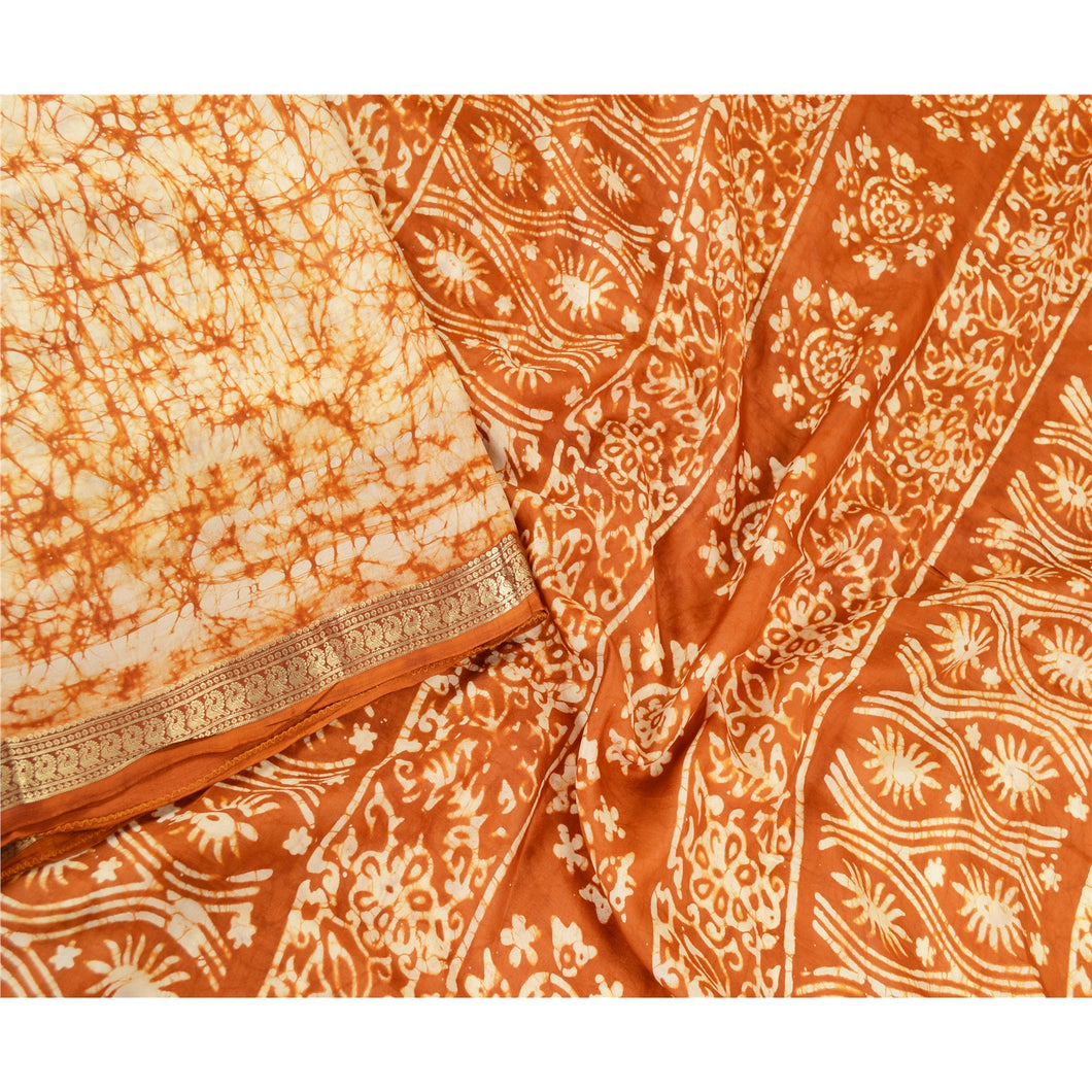 Sanskriti Vintage Sarees Brown Batik Printed Zari Border Pure Silk Sari Fabric