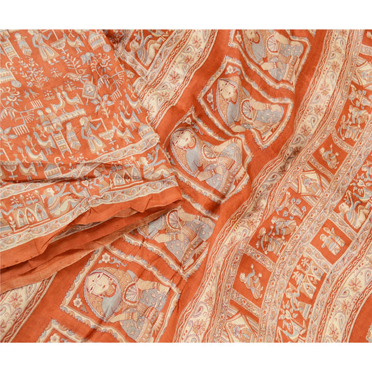 Sanskriti Vintage Sarees Orange Human Animal Printed Pure Silk Sari Craft Sustainable Fabric