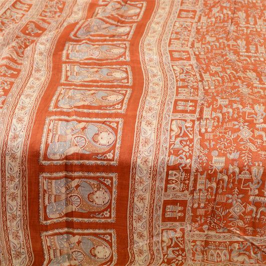 Sanskriti Vintage Sarees Orange Human Animal Printed Pure Silk Sari Craft Sustainable Fabric