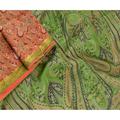 Sanskriti Vintage Sarees Orange Pure Silk Printed Zari Border Sari Craft Sustainable Fabric