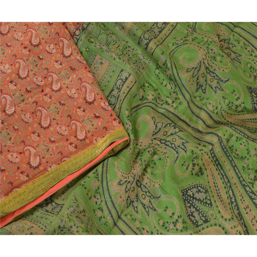 Sanskriti Vintage Sarees Orange Pure Silk Printed Zari Border Sari Craft Sustainable Fabric