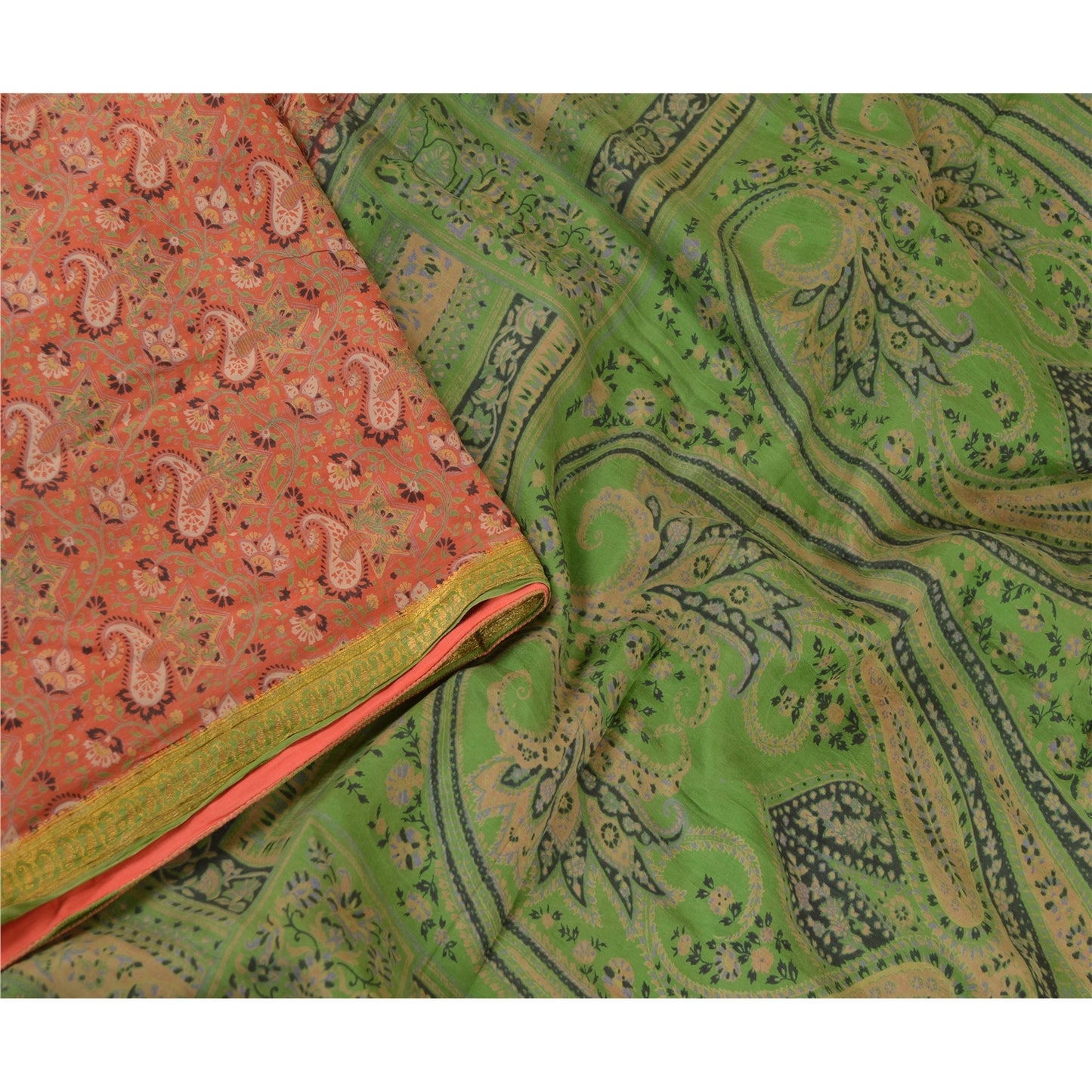 Sanskriti Vintage Sarees Orange Pure Silk Printed Zari Border Sari Craft Sustainable Fabric