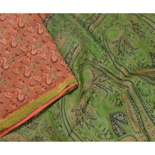 Sanskriti Vintage Sarees Orange Pure Silk Printed Zari Border Sari Craft Sustainable Fabric