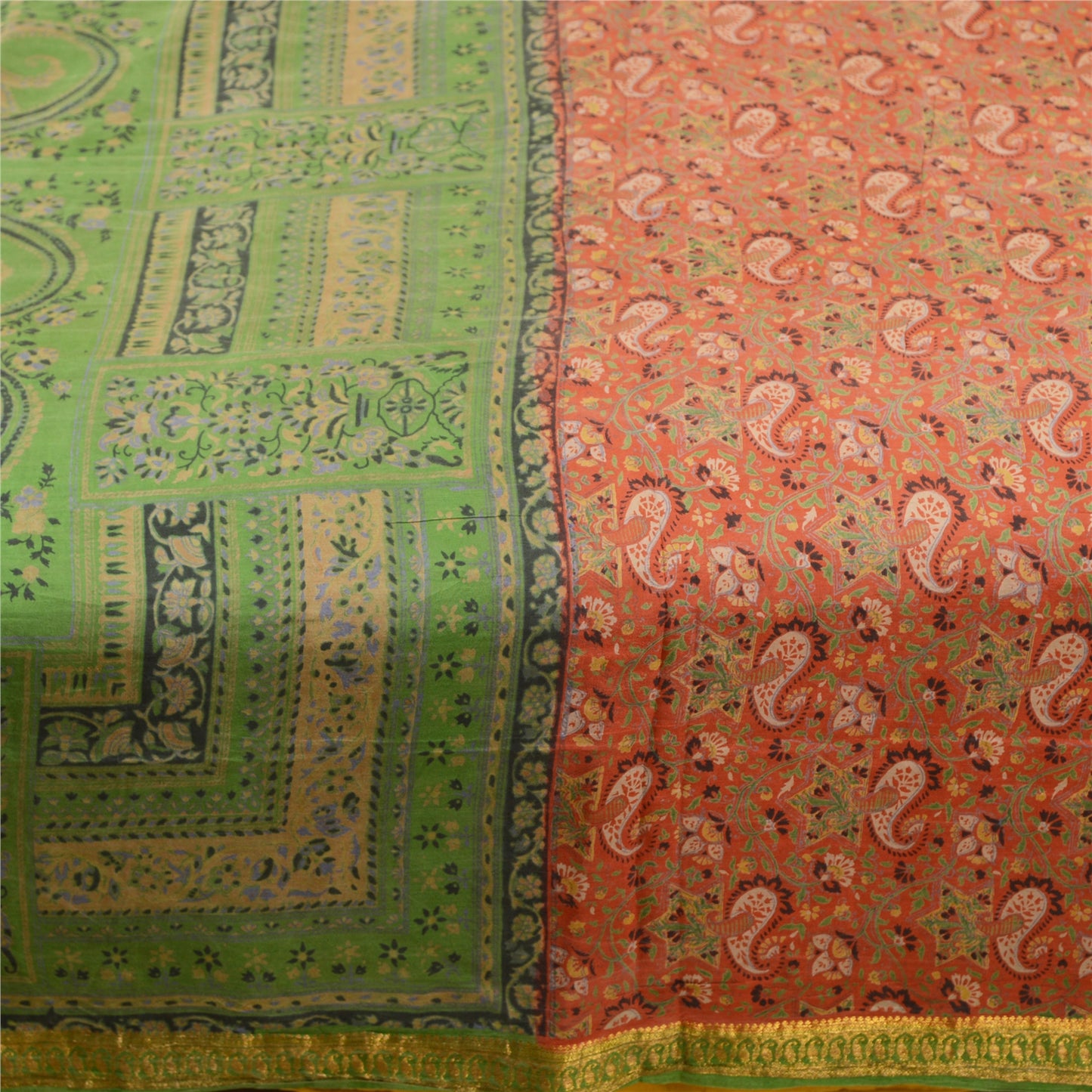 Sanskriti Vintage Sarees Orange Pure Silk Printed Zari Border Sari Craft Sustainable Fabric