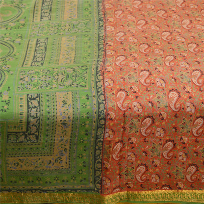 Sanskriti Vintage Sarees Orange Pure Silk Printed Zari Border Sari Craft Sustainable Fabric