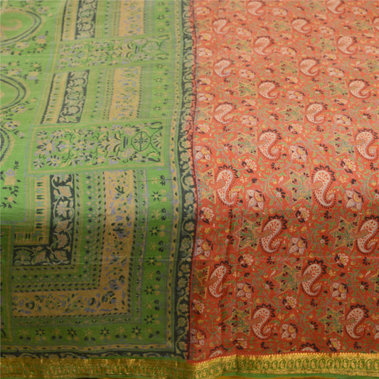 Sanskriti Vintage Sarees Orange Pure Silk Printed Zari Border Sari Craft Sustainable Fabric