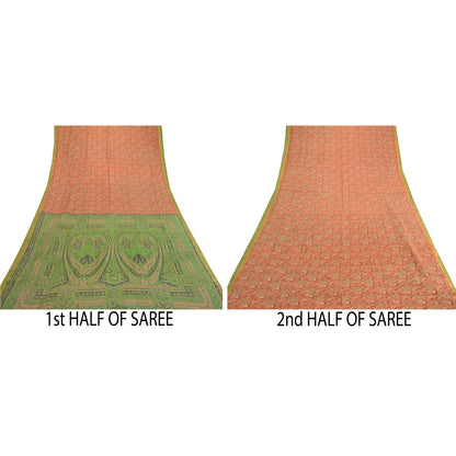 Sanskriti Vintage Sarees Orange Pure Silk Printed Zari Border Sari Craft Sustainable Fabric