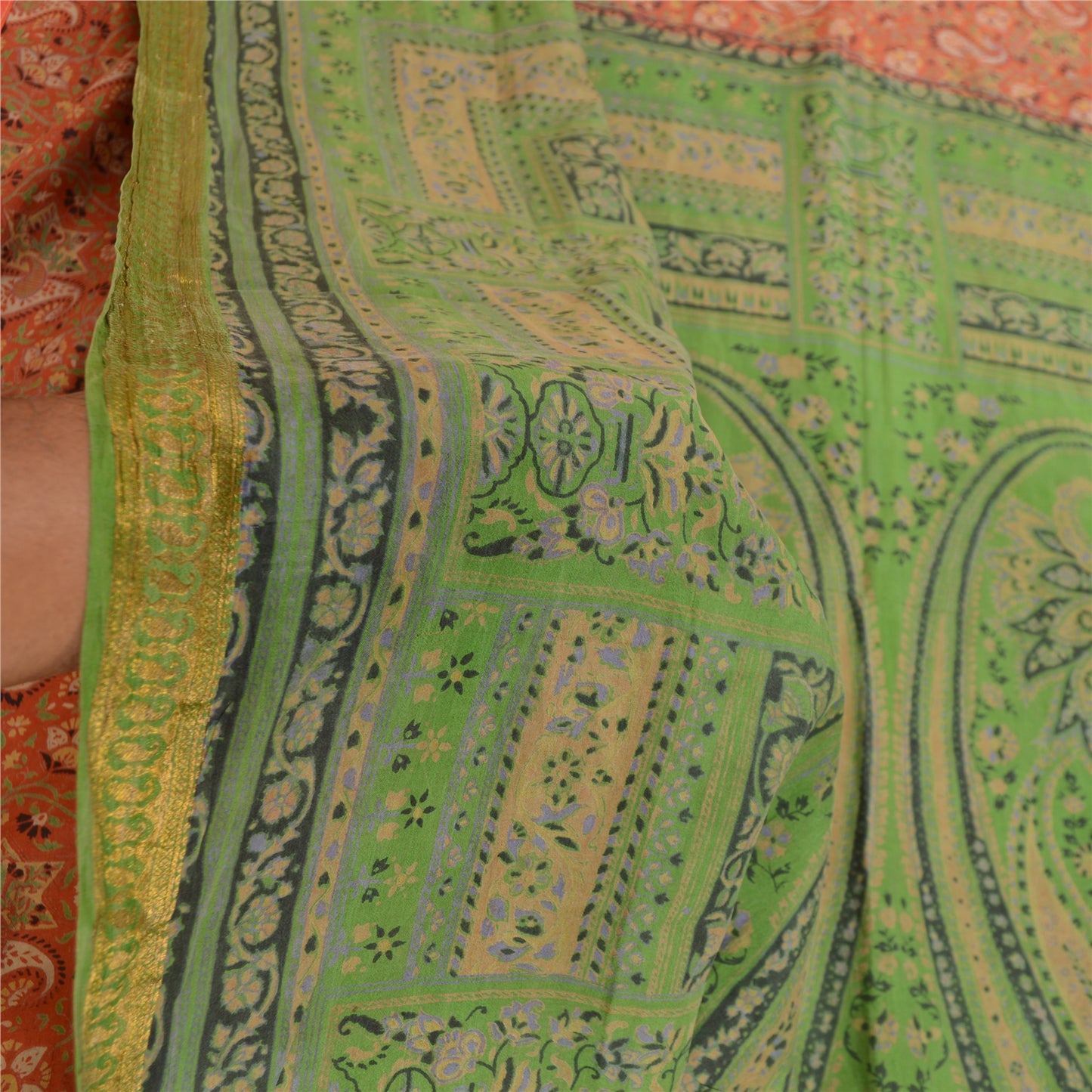 Sanskriti Vintage Sarees Orange Pure Silk Printed Zari Border Sari Craft Sustainable Fabric