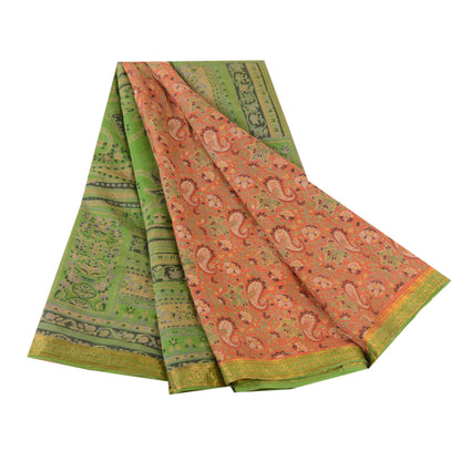 Sanskriti Vintage Sarees Orange Pure Silk Printed Zari Border Sari Craft Sustainable Fabric