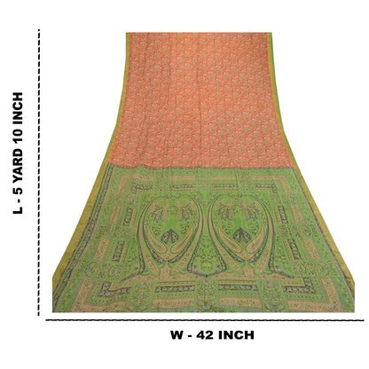 Sanskriti Vintage Sarees Orange Pure Silk Printed Zari Border Sari Craft Sustainable Fabric