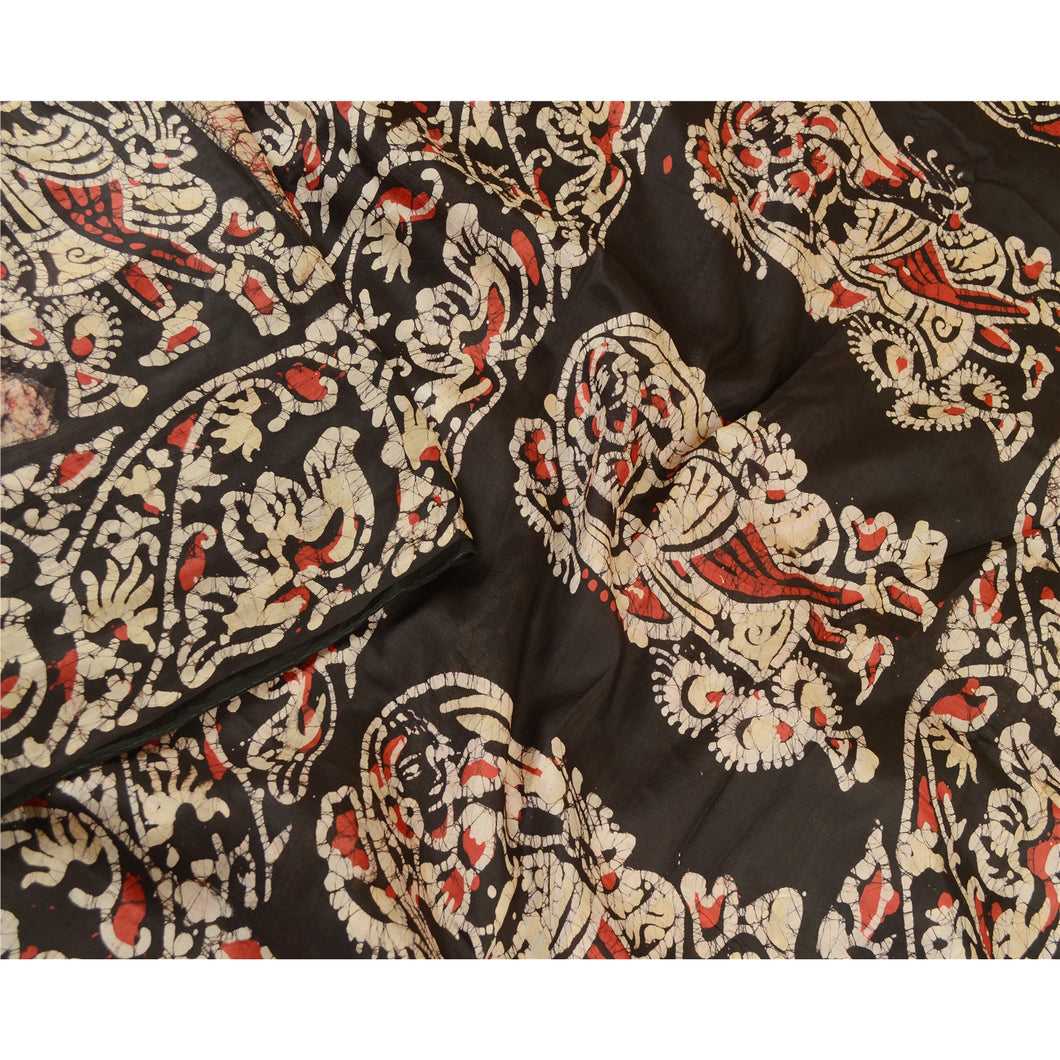 Sanskriti Vintage Sarees Batik Women Printed Cream Pure Silk Sari Craft Fabric