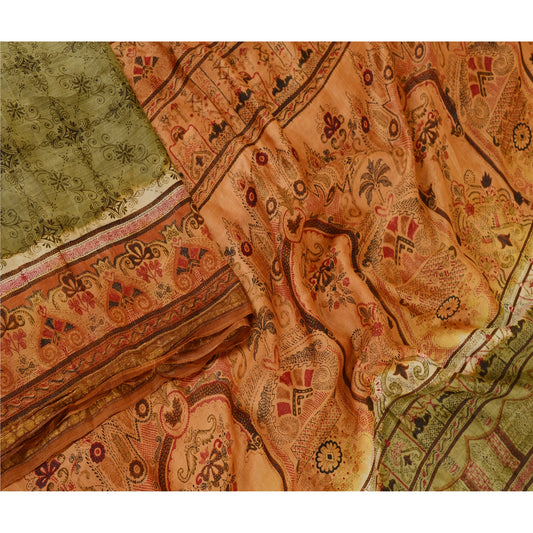 Sanskriti Vintage Sarees From India Green Printed Pure Silk Sari Craft Sustainable Fabric