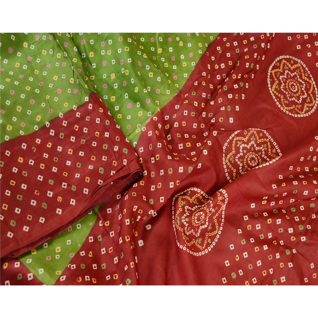 Sanskriti Vintage Sarees Green Bandhani Printed Pure Silk Sari Soft Craft Fabric