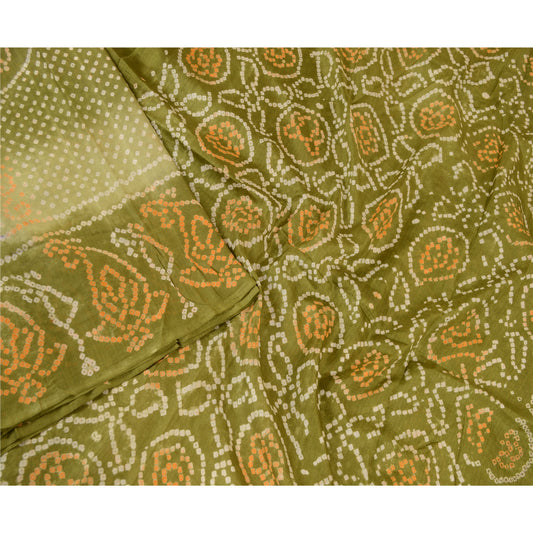 Sanskriti Vintage Sarees Green Bandhani Printed Pure Silk Sari 5yd Craft Sustainable Fabric