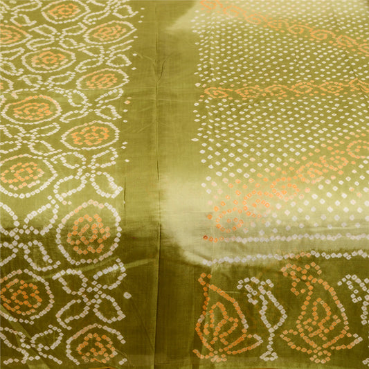 Sanskriti Vintage Sarees Green Bandhani Printed Pure Silk Sari 5yd Craft Sustainable Fabric
