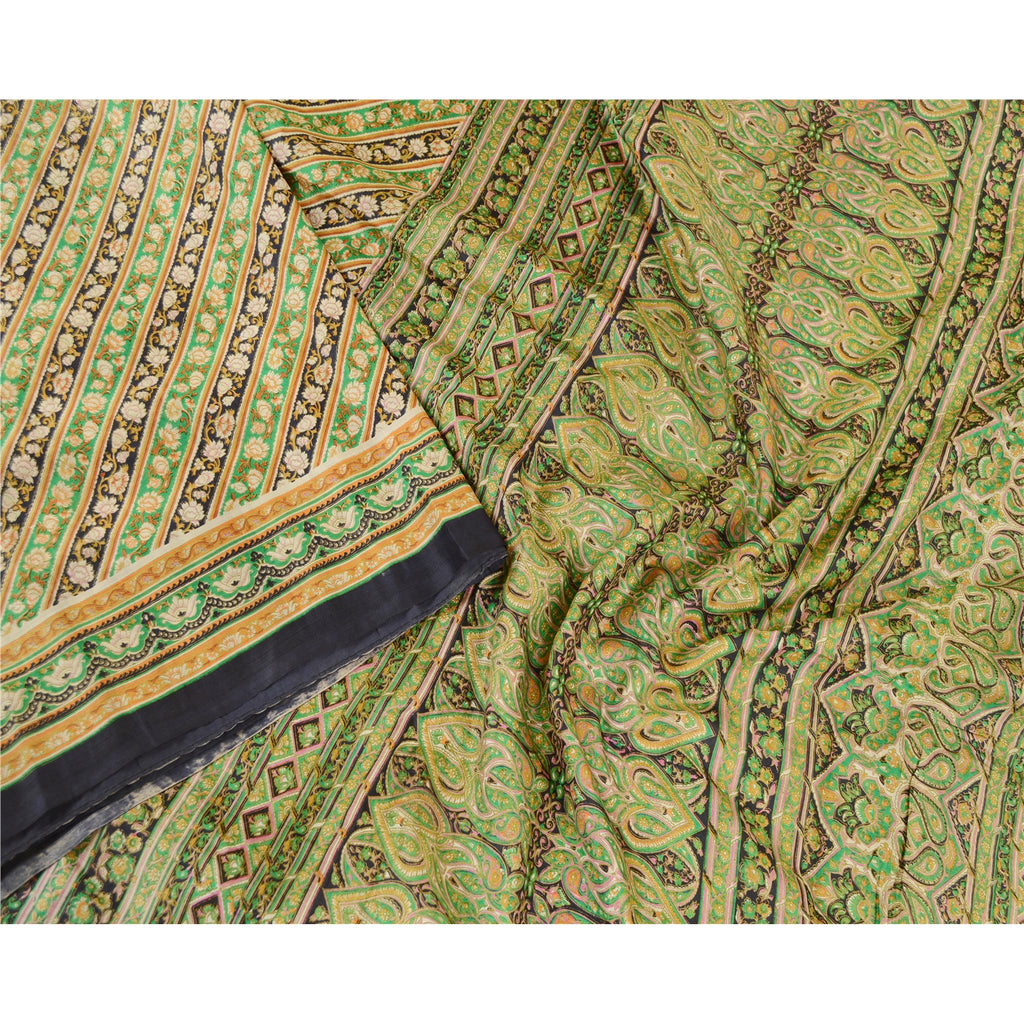 Sanskriti Vintage Sarees Green Indian Pure Silk Printed Sari Floral Craft Sustainable Fabric