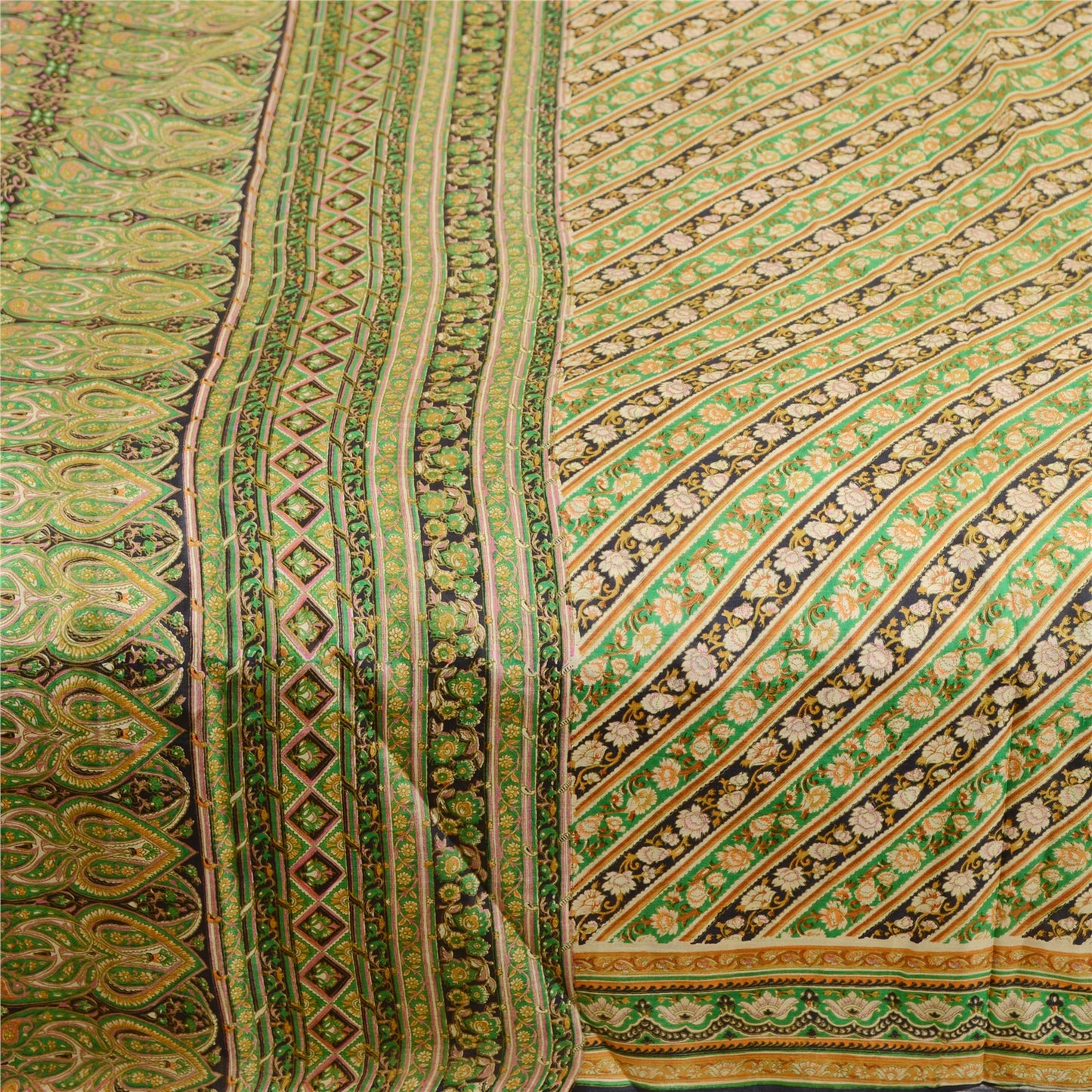 Sanskriti Vintage Sarees Green Indian Pure Silk Printed Sari Floral Craft Sustainable Fabric
