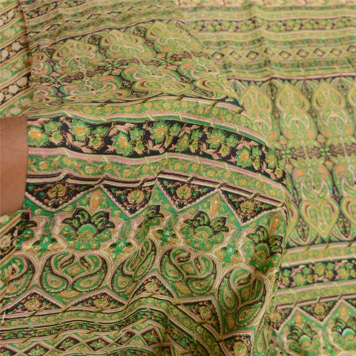 Sanskriti Vintage Sarees Green Indian Pure Silk Printed Sari Floral Craft Sustainable Fabric