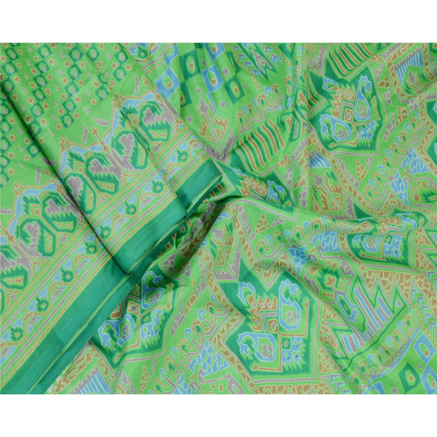 Sanskriti Vintage Sarees Green Pure Silk Printed Sari 5yd Floral Craft Sustainable Fabric