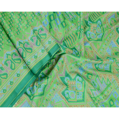 Sanskriti Vintage Sarees Green Pure Silk Printed Sari 5yd Floral Craft Sustainable Fabric