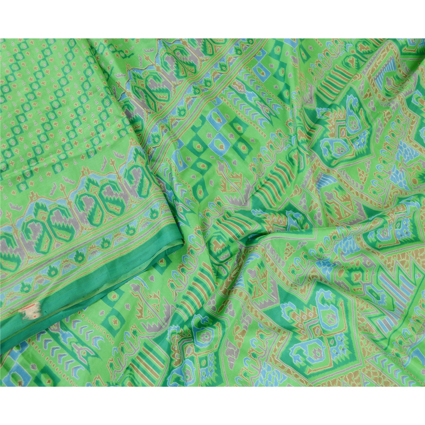 Sanskriti Vintage Sarees Green Pure Silk Printed Sari 5yd Floral Craft Sustainable Fabric