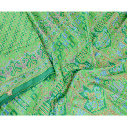 Sanskriti Vintage Sarees Green Pure Silk Printed Sari 5yd Floral Craft Sustainable Fabric