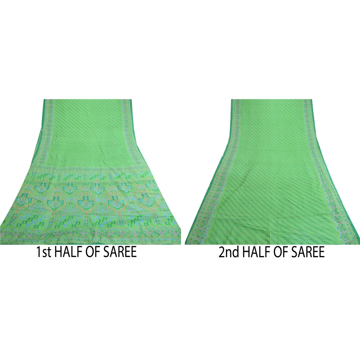 Sanskriti Vintage Sarees Green Pure Silk Printed Sari 5yd Floral Craft Sustainable Fabric