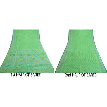 Sanskriti Vintage Sarees Green Pure Silk Printed Sari 5yd Floral Craft Sustainable Fabric